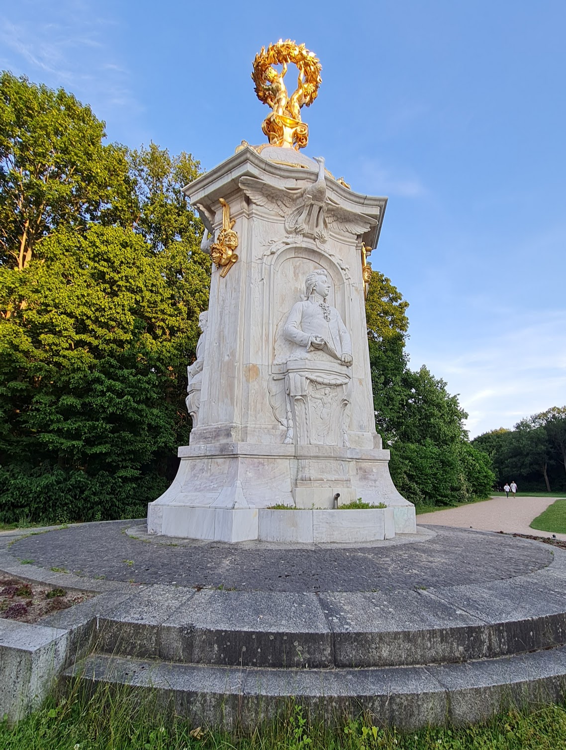 The restored memorial to Mozart, Beethoven and Haydn in Tiergarten, Berlin. Zoom in on the left to see the bullet wounds.